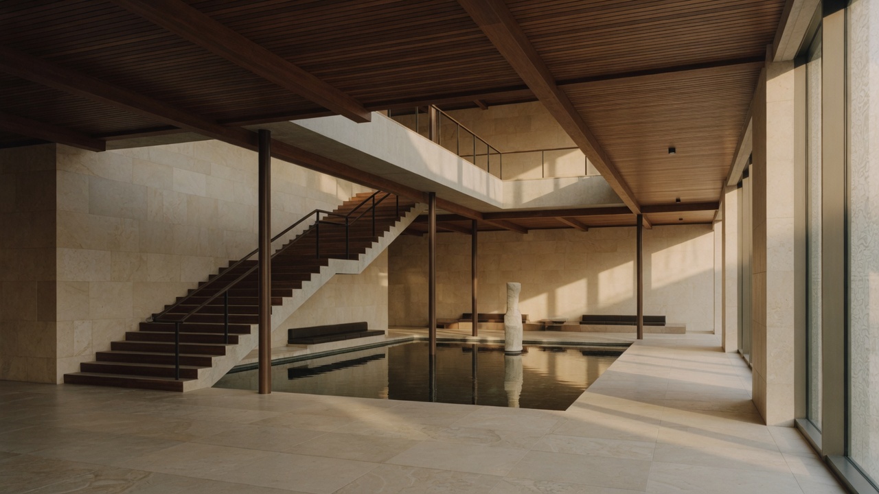 A quiet stone and timber atrium in morning light