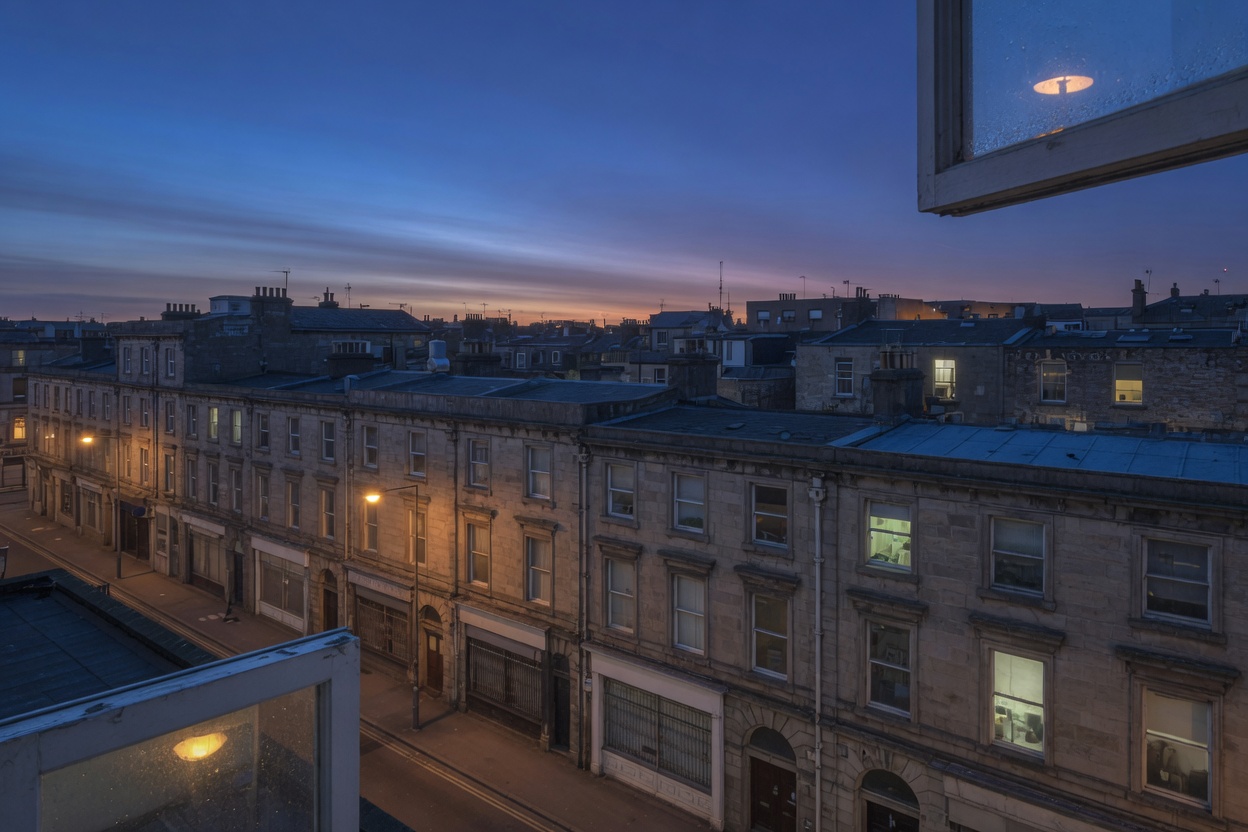 Commercial buildings at dusk