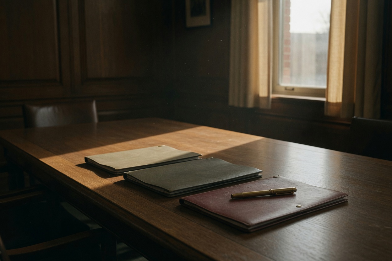 A long meeting table with closed folders